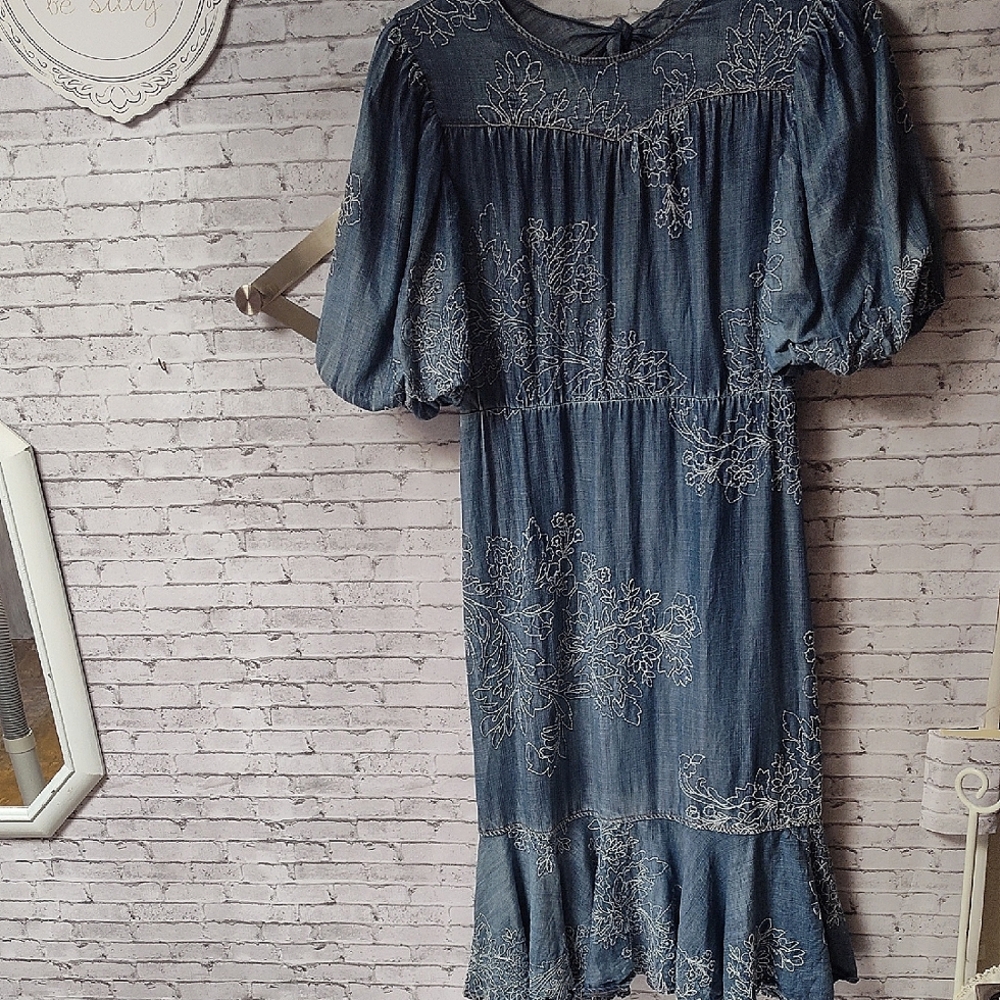 Denim Dress With Floral Embroidery